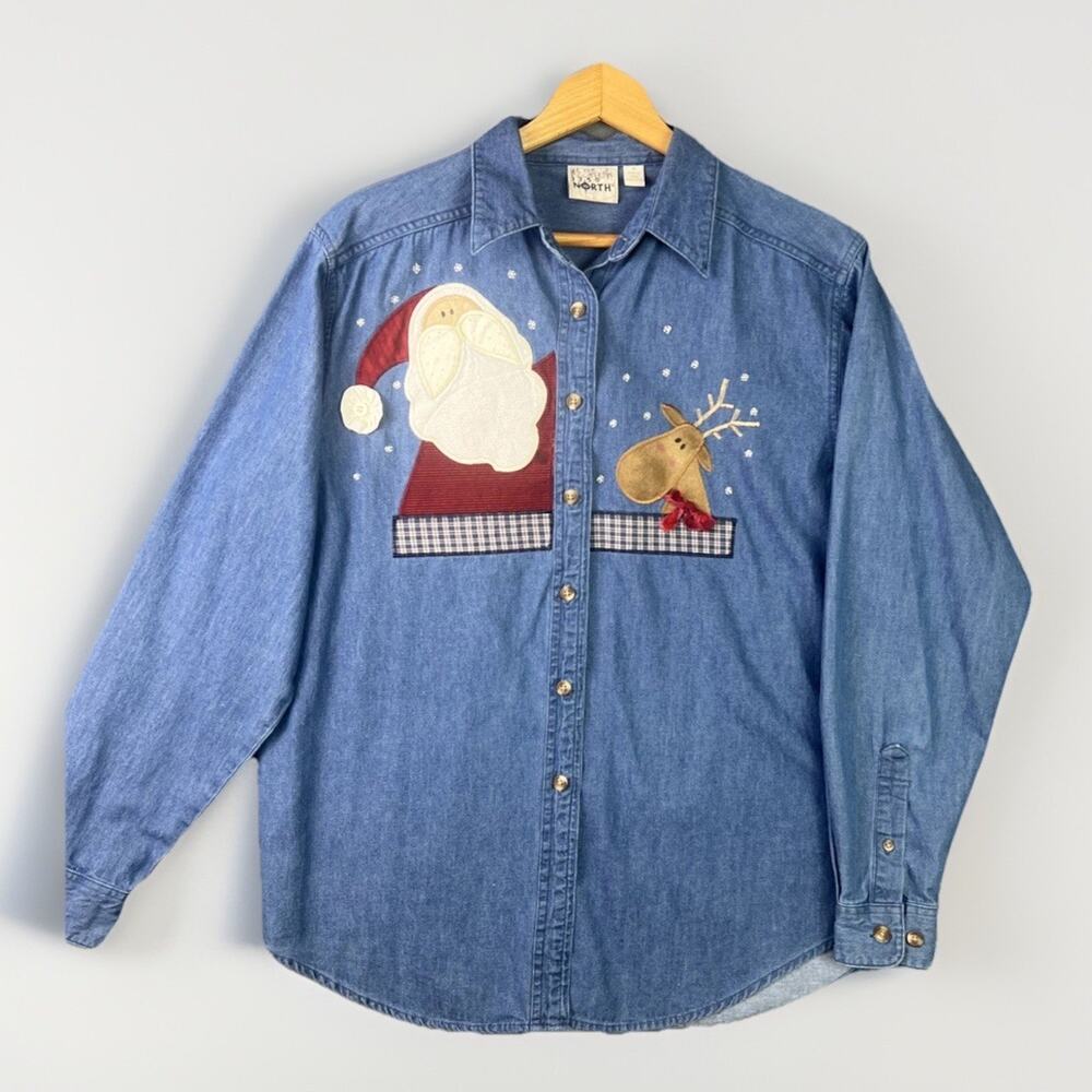 VTG Denim Christmas Shirt Women’s Sz M Embroidered Santa Cotton Button Up 90s